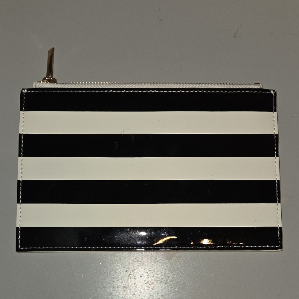 kate spade Black and White Striped Patent Zip Pouch with Gold Logo - Picture 2 of 2